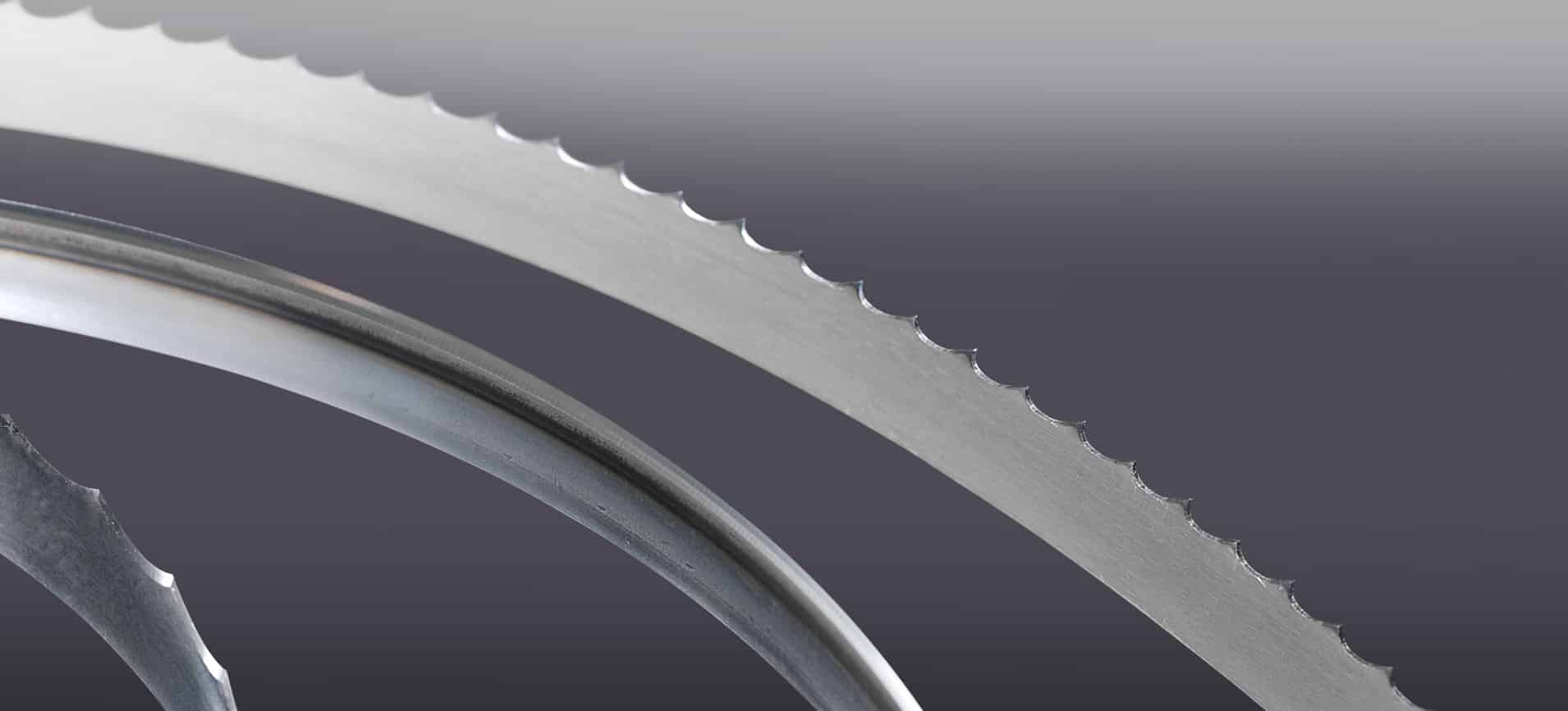 Simmons' food processing bandsaw blades curve and catch the light in front of a dark gray background.